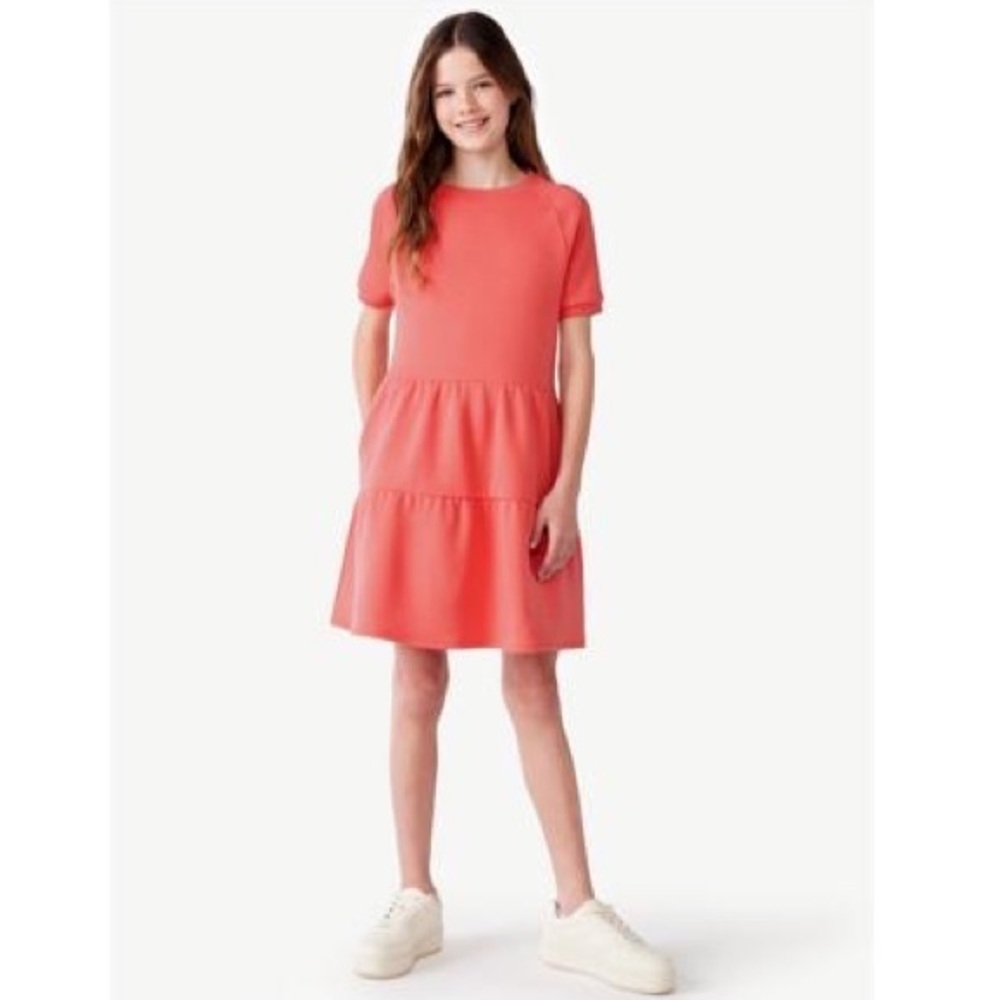 Free Assembly Girls Coral Pink Tiered Sweatshirt Dress — Size M (7/8)